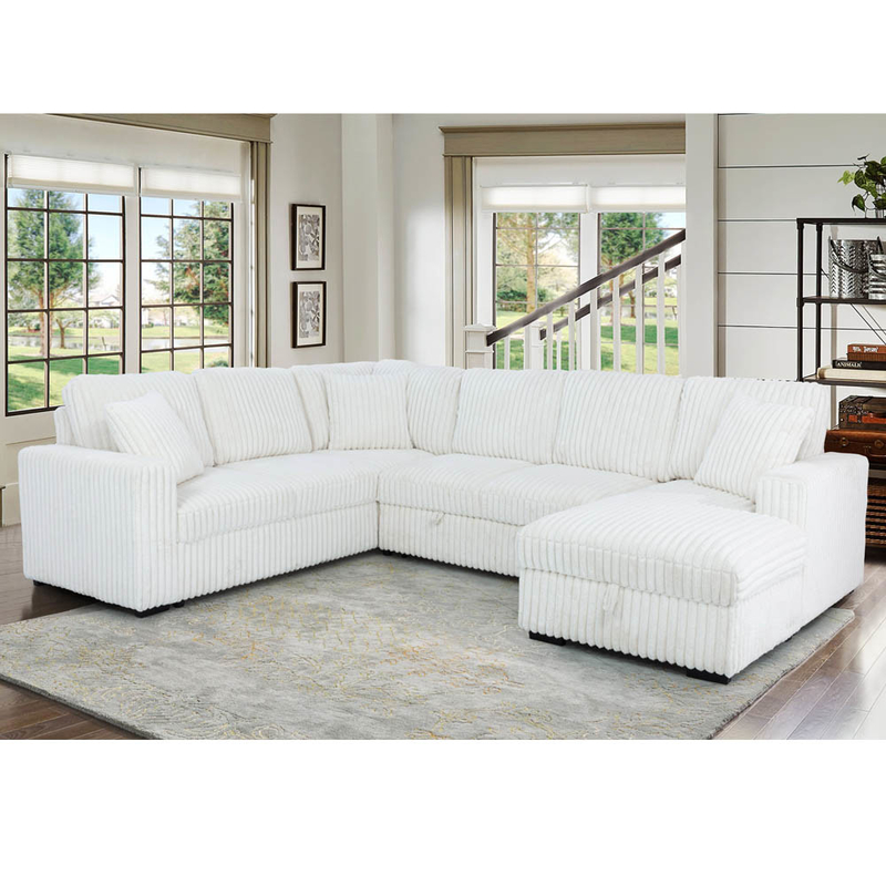Sofá de cama seccional em forma de U com cama extraível e armazenamento Chaise Lounge e porta de carregamento USB, tecido de corduroy bege