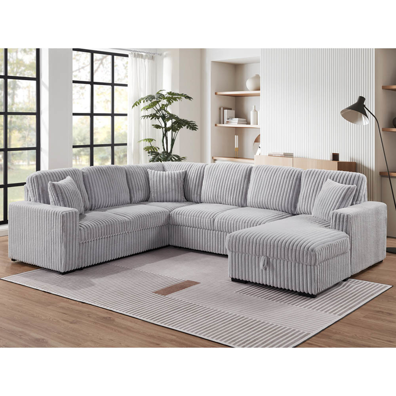 Sofá de cama seccional em forma de U com cama extraível e armazenamento Chaise Lounge e porta de carregamento USB, tecido de corduroy cinza