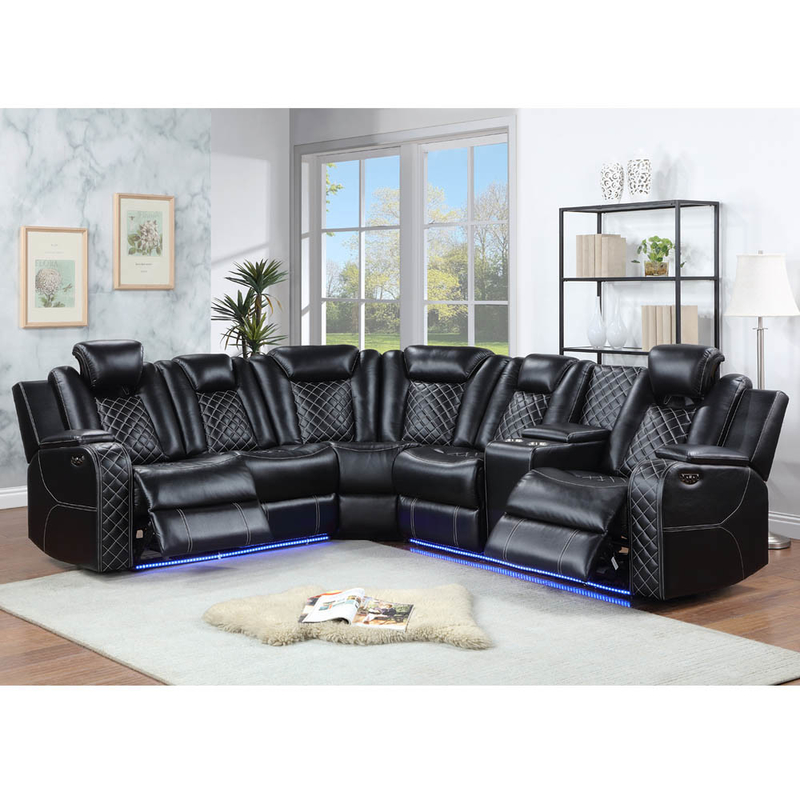 Sofá de esquina Power Recliner com 2 assentos Power Recliner e 2 apoios de cabeça Power e caixa de armazenamento e braços de armazenamento e luz LED, Leatherette respirável preto