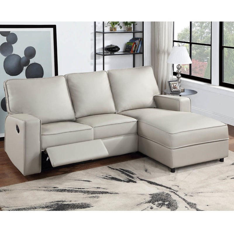 Sofá seccional com 1 assento reclinável e mesa e cadeira de apoio, Leatherette falsa cinza claro