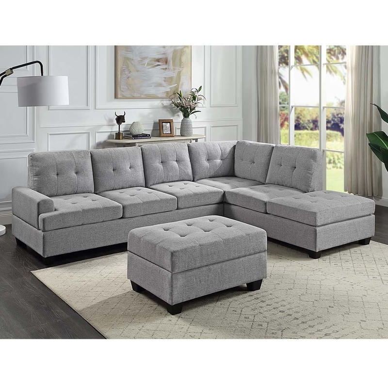 Sofá seccional em forma de L com mesa e cadeira reversíveis e armazenamento