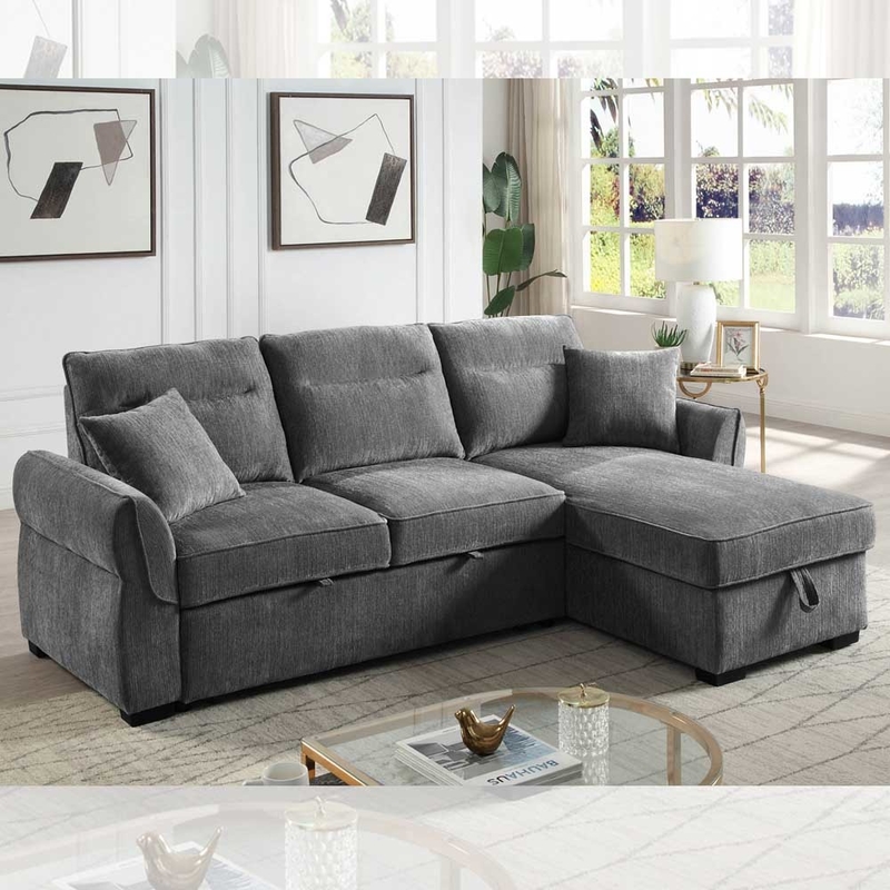 Sofá-cama reversível em forma de L com cama e armazenamento, cinza escuro