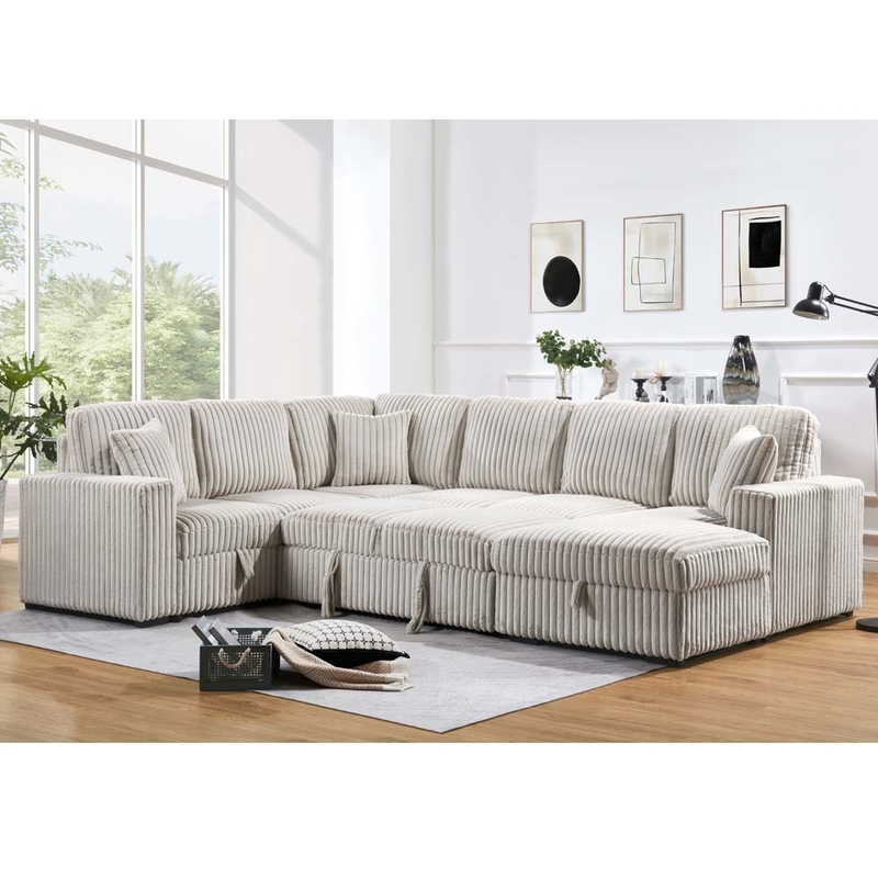 Sofá de cama seccional em forma de U com cama e armazenamento de cadeira Lounge e armazenamento Loveseat e porta de carregamento USB, tecido Khaki Corduroy