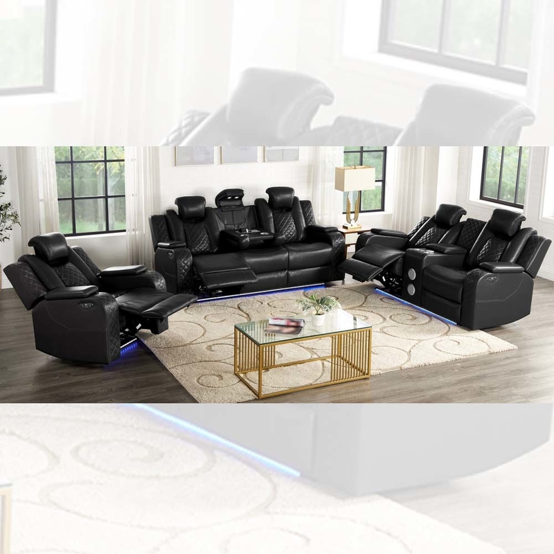Sofá Power Recliner com Assentos Power Recliner e apoios de cabeça Power e Tabela Dropdown e Bluetooth Audio Speaker e Caixa de armazenamento e braços de armazenamento e Luz LED, Leatherette respirável preto