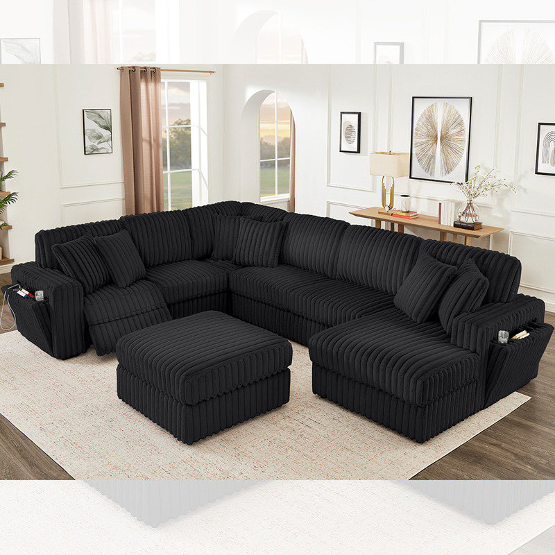 Conjunto de sofá reclinável com porta-copos oculto e carregador sem fio, tecido de veludo cotelê preto
