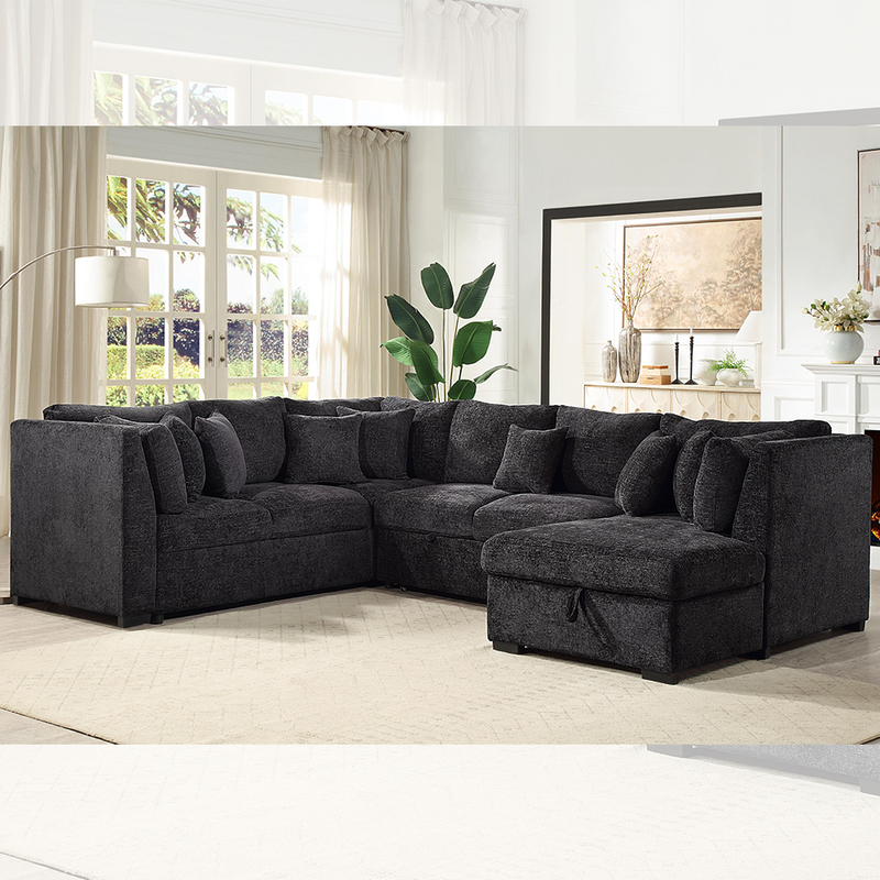 Sofá-cama seccional em forma de U com cama extensível e chaise longue com arrumação, tecido preto