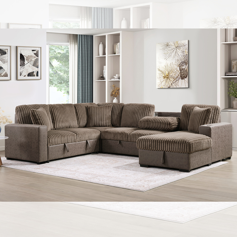 U-Shaped Sectional Sleeper Sofa with Pull Out Bed and Storage Chaise Lounge and Storage Loveseat and Dropdown table and USB Charging Port, Brown Fabric