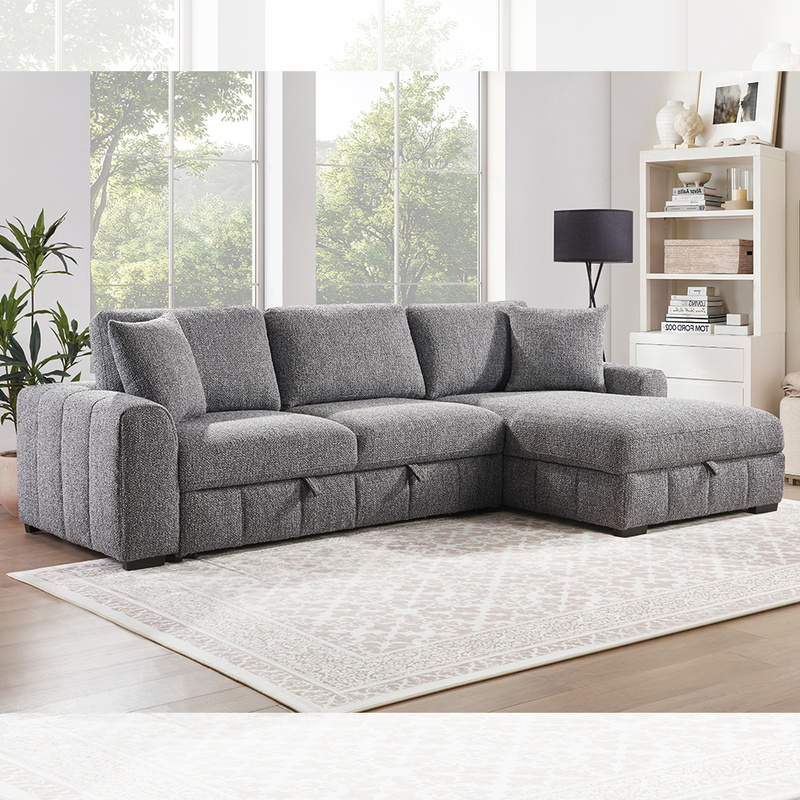 Big L-Shaped Sectional Sleeper Sofa with Pull-Out Bed and Storage Chaise, Gray Fabric