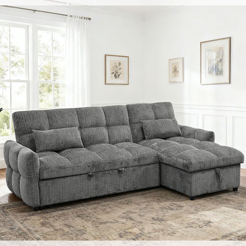 L-Shaped Sectional Sleeper Sofa with Pull-Out Bed and Adjustable Backrest and Storage Chaise, Gray Chenille