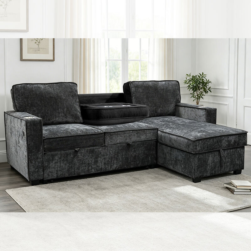 Sofá-cama reversível em forma de L com cama de saída e mesa e armazenamento, chenilia preta de carvão