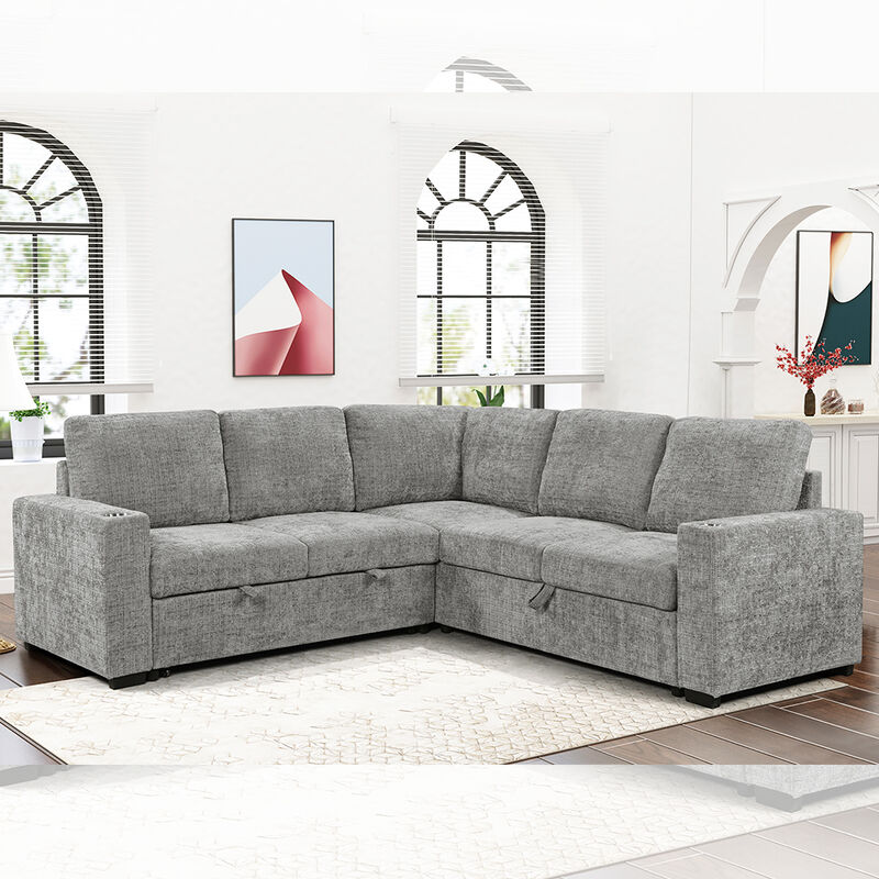 Sofá de cama seccional em forma de L, com cama e depósito para arrastar Sofá e porta-copos, tecido cinza