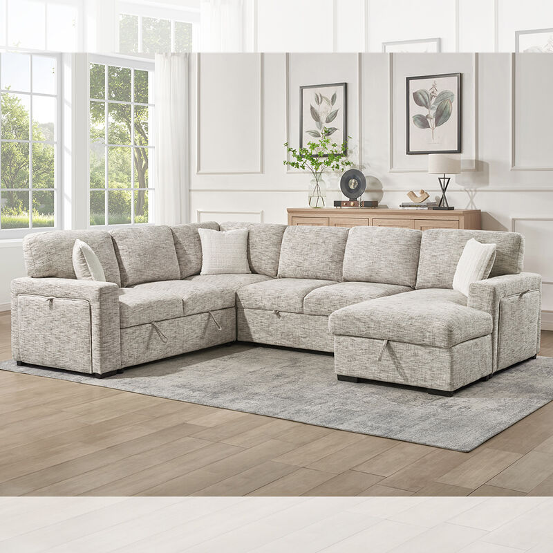 Sofá-cama secional em forma de U com cama dobrável e mesa suspensa e espreguiçadeira de armazenamento e poltrona de armazenamento e porta-copos, tecido bege