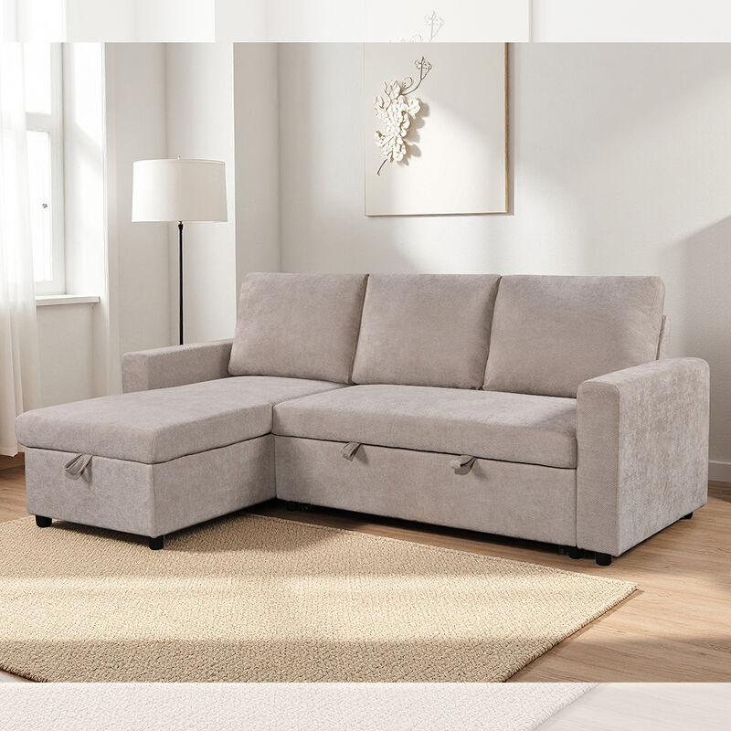 Sofá-cama reversível seccional em forma de L com cama e armazenamento, de tecido bege