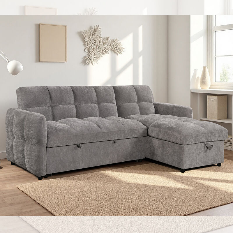 Sofá de cama seccional em forma de L com cama de saída e encosto ajustável e cadeira de armazenamento, tecido cinza