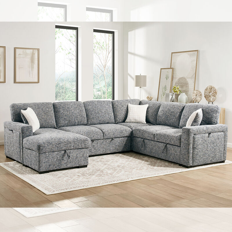 Sofá de cama seccional em forma de U com cama e mesa e armazenamento de cadeira Lounge e armazenamento de cadeira e suportes de taça, tecido da Marinha