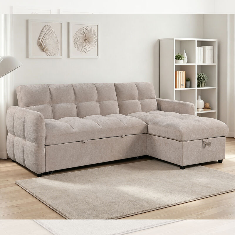 Sofá de cama seccional em forma de L, com cama de saída e encosto ajustável e cadeira de armazenamento, tecido bege