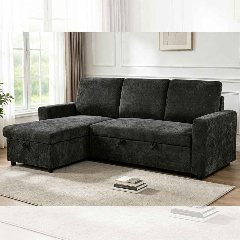 Sofá-cama reversível em forma de L, com cama e armazenamento, de tecido cinza carbono