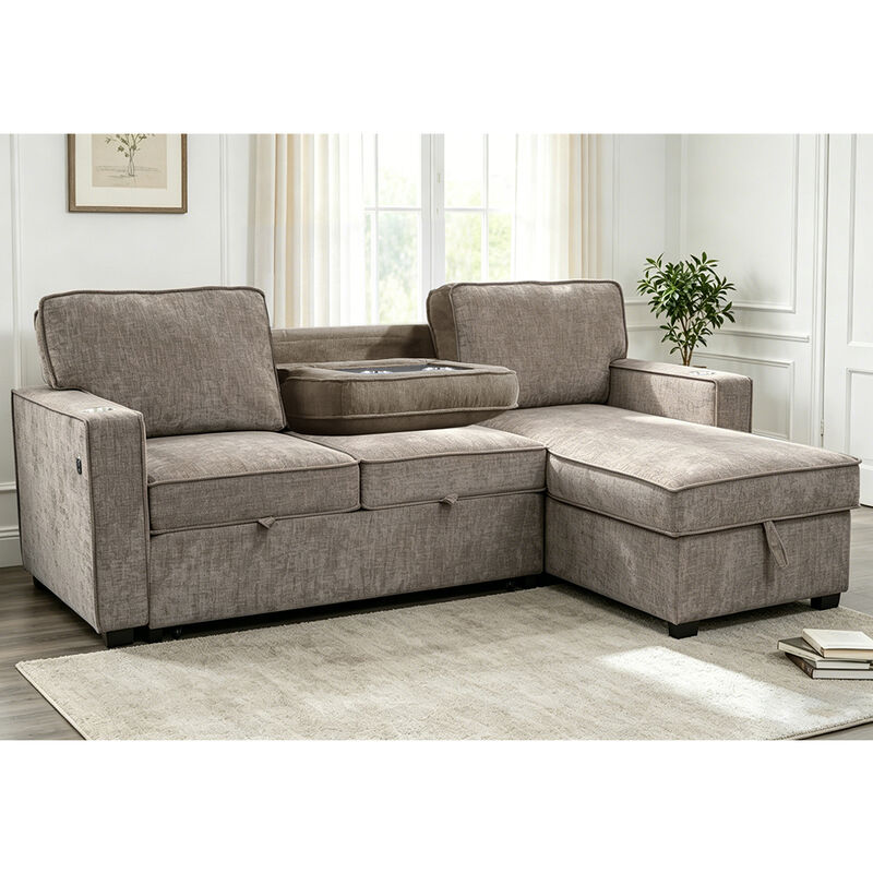 Sofá de cama seccional reversível em forma de L, com cama e mesa e armazenamento, cinilho cinza castanho claro