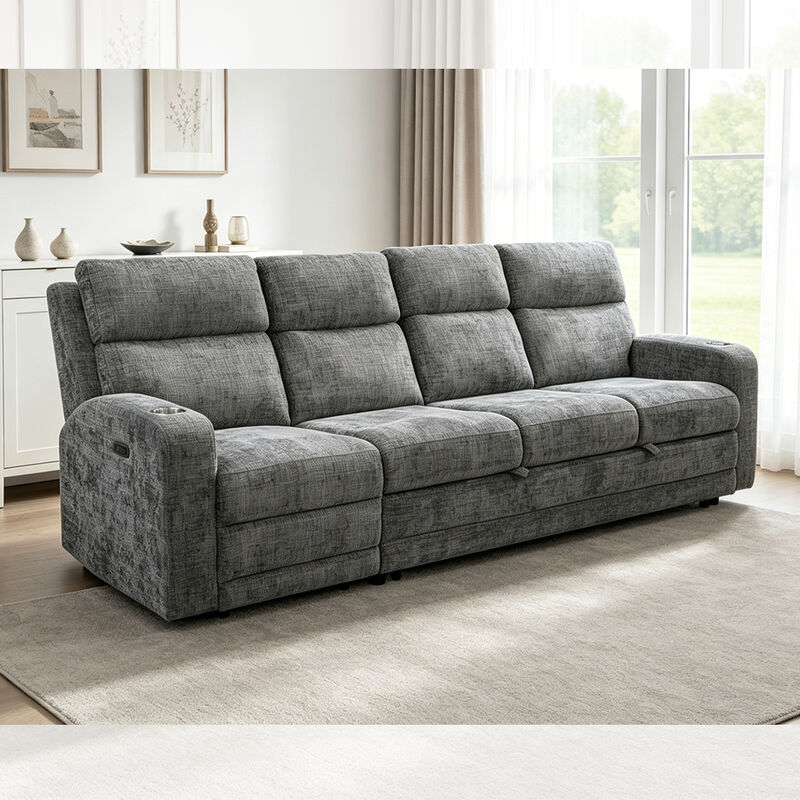 Sofá-cama secional grande com cama extraível e cadeira reclinável elétrica, tecido cinza metálico