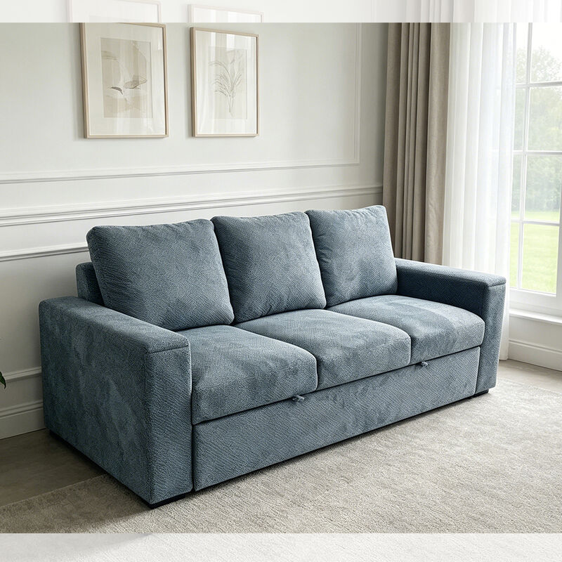 Sofá-cama futon, sofá-cama conversível, cama dobrável confortável com encosto ajustável, braço com porta-copos ocultos de aço inoxidável, tecido azul