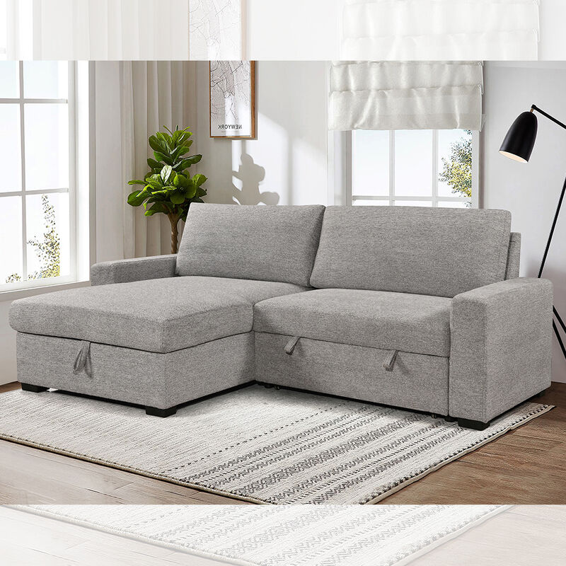 Sofá-cama reversível seccional em forma de L com cama e armazenamento, tecido cinza