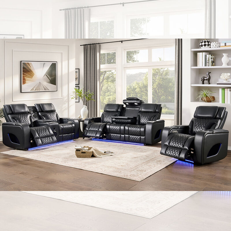 Conjunto de sofá Power Recliner com apoio de cabeça e mesa e alto-falante e armazenamento e luz LED, função de massagem, couro preto