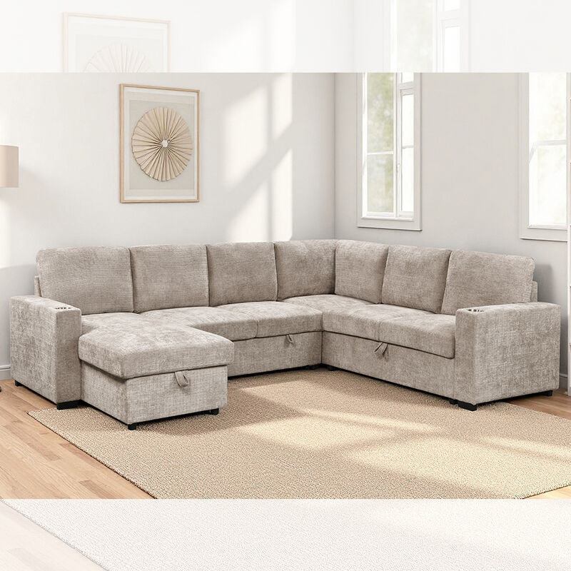 Sofá-cama seccional em forma de U, com cama e cadeira de repouso, lounge e cadeira de repouso