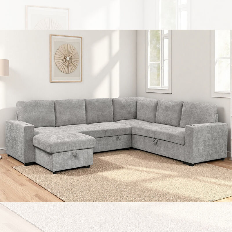 Sofá de cama seccional em forma de U com cama e armazenamento de cadeira de salão e armazenamento Sofá e porta-copos, tecido cinza