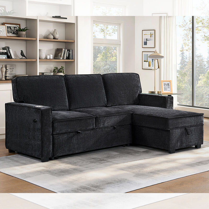 Sofá-cama reversível em forma de L com cama de saída e mesa e armazenamento, chenilia preta de carvão
