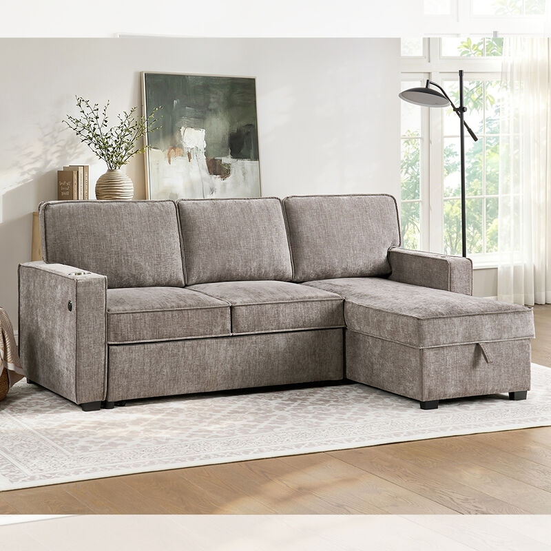 Sofá de cama seccional reversível em forma de L, com cama e mesa e armazenamento, cinilho cinza castanho claro