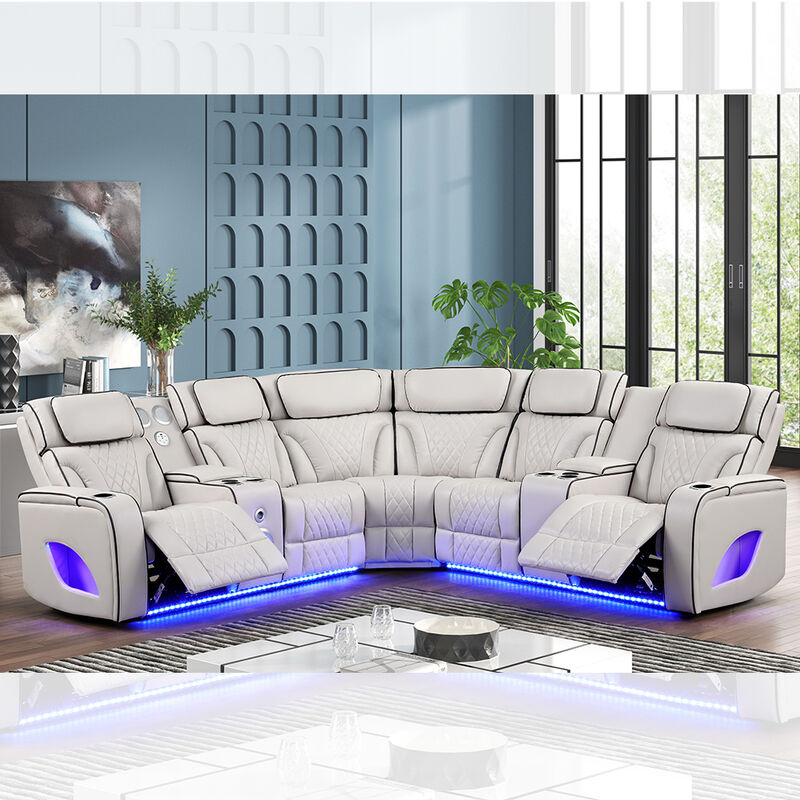 Sofá de esquina Power Recliner com 2 bancos Power Recliner e apoios de cabeça Power e alto-falante e armazenamento e luz LED, função de massagem, couro bege