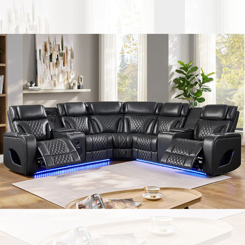 Sofá de esquina Power Recliner com 2 bancos Power Recliner e apoios de cabeça Power e alto-falante e armazenamento e luz LED, função de massagem, Leatherette preto