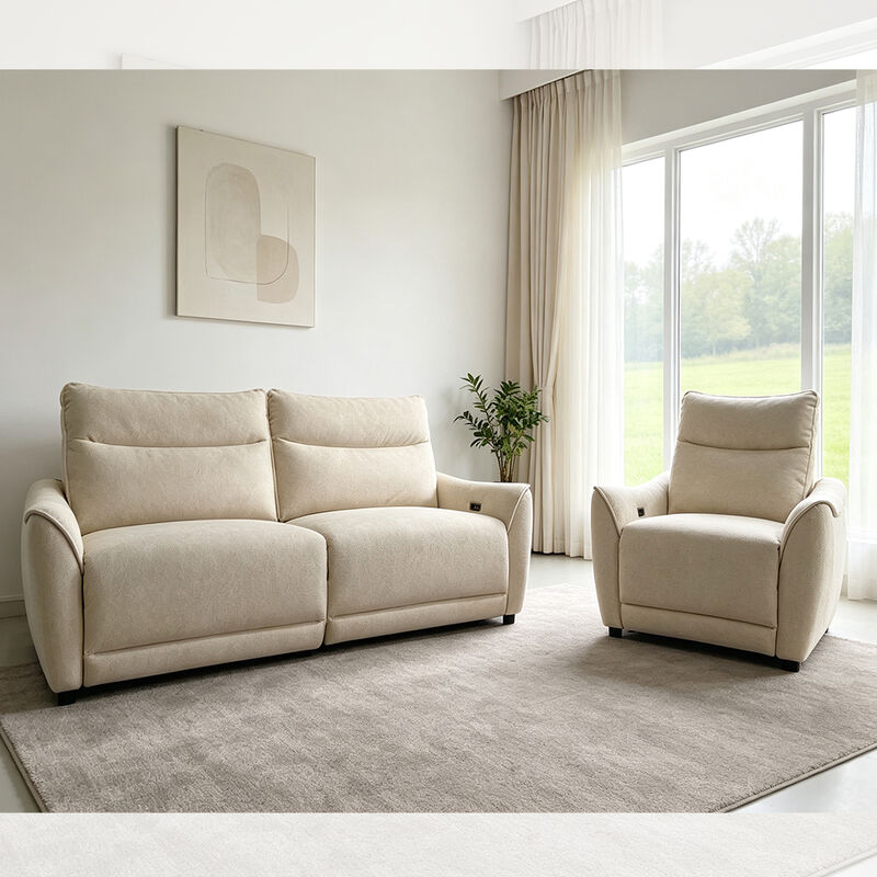 Conjunto de sofá reclinável elétrico com gravidade zero e função de economia de espaço, espuma de alta densidade, tecido bege